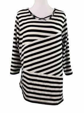 Alfred Dunner Black & White Striped  Asymmetrical Hem Cotton Tunic Top Size L